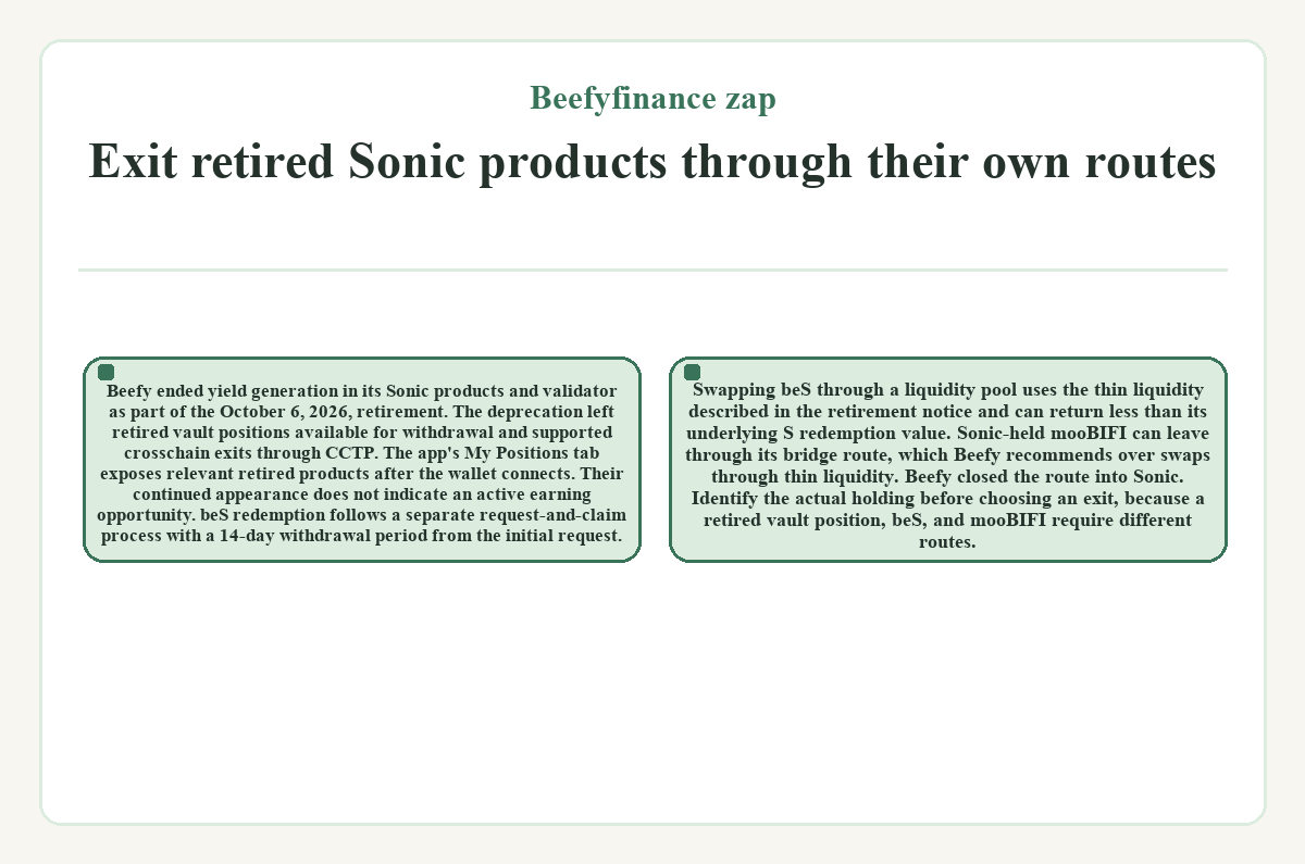 Beefyfinance zap: Exit retired Sonic products through their own routes - diagram